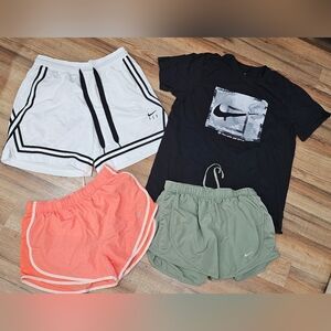 Nike Athletic Set: Black Logo Tee + White, Coral & Olive Running Shorts Medium